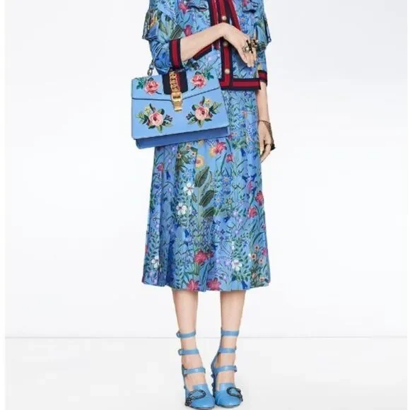 Gucci Blue Flora Ruffled Silk Blouse Jacket Navy Red Web Trim & GG Buttons SZ S - Picture 3 of 10